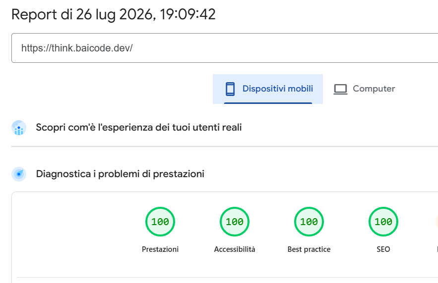 Screenshot of the PageSpeed Insights report for think.baicode.dev: 100/100 score for Performance, Accessibility, Best Practices, and SEO on mobile